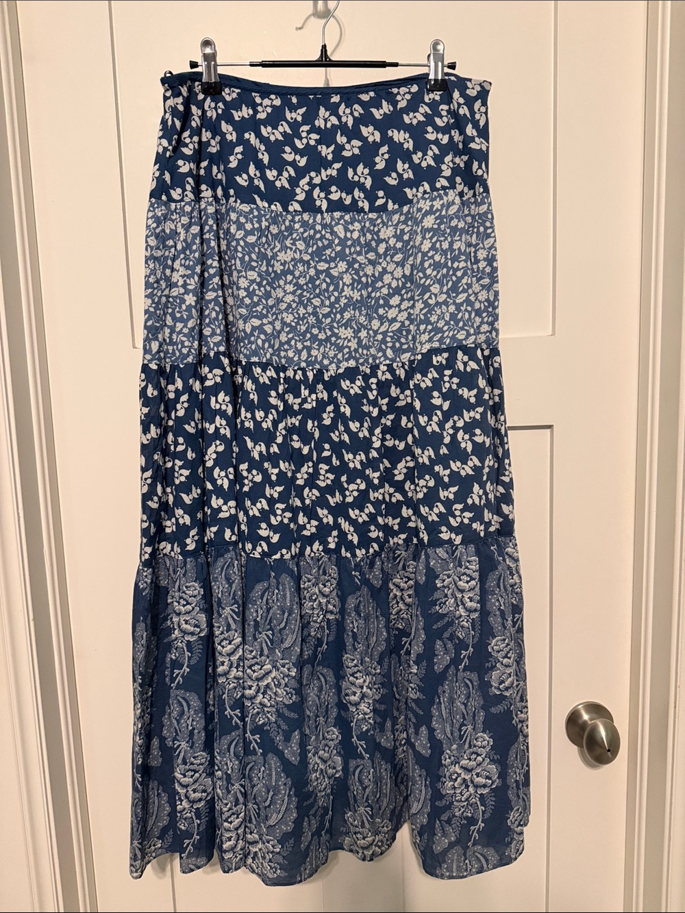 Lauren Ralph Lauren 100% Cotton Navy and White Mixed-Print Tiered Maxi Skirt
